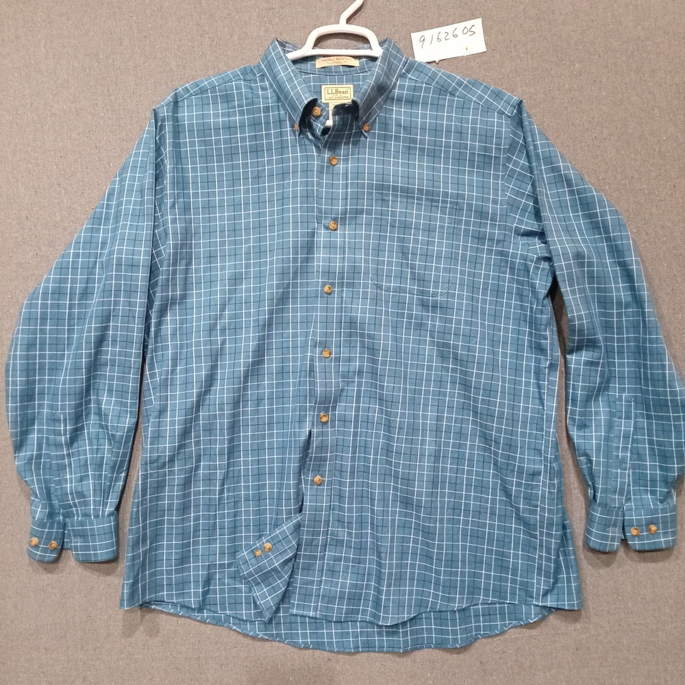 LL Bean Mens XL Reg Wrinkle Resistant Traditional Fit Cotton Grid Shirt Teal